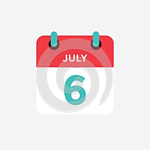 Flat icon calendar 6 of July. Date, day and month.