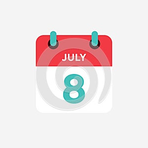 Flat icon calendar 8 of July. Date, day and month.
