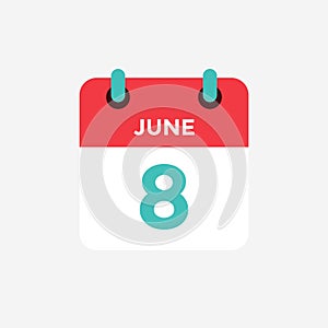 Flat icon calendar 8 of June. Date, day and month.