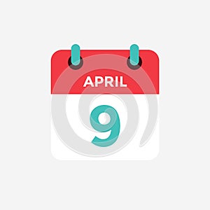 Flat icon calendar 9 of April. Date, day and month.