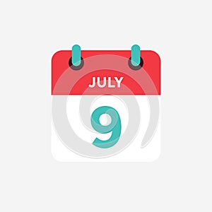 Flat icon calendar 9 of July. Date, day and month.