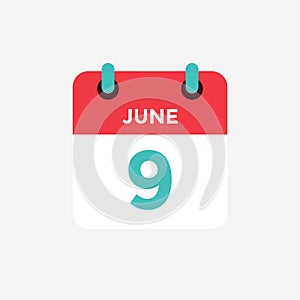 Flat icon calendar 9 of June. Date, day and month.