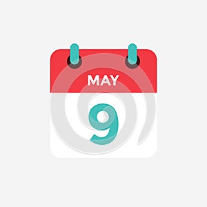 Flat icon calendar 9 of May. Date, day and month.