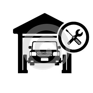 Flat icon of a car workshop. Garage with a lift and a sign of a wrench and screwdriver. Logo, symbol. Vector illustration.