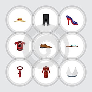 Flat Icon Clothes Set Of Brasserie, Cravat, Beach Sandal Vector Objects. Also Includes Garment, Headgear, Dress Elements photo