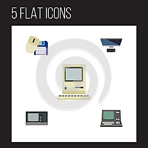 Flat Icon Computer Set Of Computer Mouse, Computing, Vintage Hardware And Other Vector Objects. Also Includes Computing