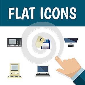 Flat Icon Computer Set Of Computing, Vintage Hardware, Notebook And Other Vector Objects. Also Includes Computing
