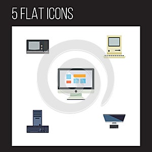 Flat Icon Computer Set Of Display, Processor, PC And Other Vector Objects. Also Includes Computing, Monitor, Display