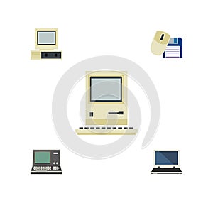 Flat Icon Computer Set Of Notebook, Computing, Computer Mouse And Other Vector Objects. Also Includes Floppy, Retro, PC