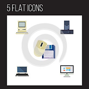 Flat Icon Computer Set Of Notebook, Processor, Display And Other Vector Objects. Also Includes Computing, Laptop