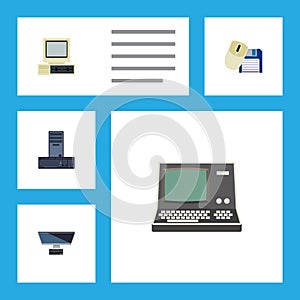 Flat Icon Computer Set Of Processor, Computer Mouse, PC And Other Vector Objects. Also Includes Keyboard, Mouse, Vintage