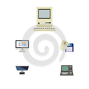 Flat Icon Computer Set Of Technology, Display, PC And Other Vector Objects. Also Includes Vintage, Display, Floppy