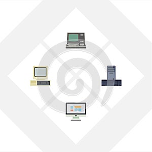 Flat Icon Computer Set Of Technology, Display, Processor And Other Vector Objects. Also Includes Monitor, Screen, Retro
