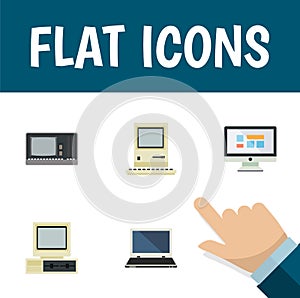 Flat Icon Computer Set Of Vintage Hardware, Computing, Notebook And Other Vector Objects. Also Includes Computing