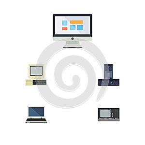 Flat Icon Computer Set Of Vintage Hardware, Processor, Notebook And Other Vector Objects. Also Includes PC, Display