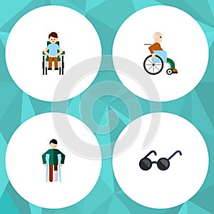 Flat Icon Cripple Set Of Disabled Person, Injured, Spectacles And Other Vector Objects. Also Includes Man, Crutch