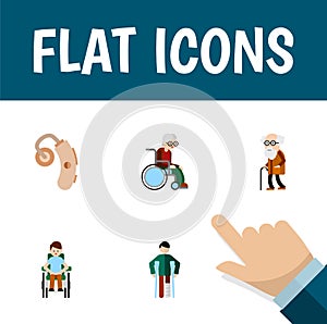 Flat Icon Cripple Set Of Wheelchair, Audiology, Disabled Person And Other Vector Objects. Also Includes Wheelchair