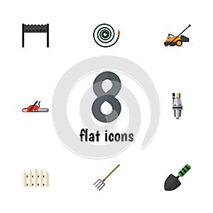 Flat Icon Dacha Set Of Barbecue, Hay Fork, Hosepipe And Other Vector Objects. Also Includes Wooden, Hose, Fork Elements.