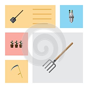 Flat Icon Dacha Set Of Cutter, Hay Fork, Flowerpot And Other Vector Objects. Also Includes Tool, Shovel, Cutter Elements