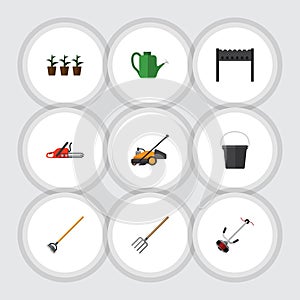 Flat Icon Dacha Set Of Flowerpot, Barbecue, Hay Fork And Other Vector Objects. Also Includes Mower, Bucket, Container