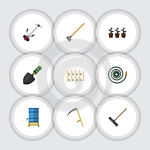 Flat Icon Dacha Set Of Hosepipe, Flowerpot, Container And Other Vector Objects. Also Includes Mower, Cutter, Garden