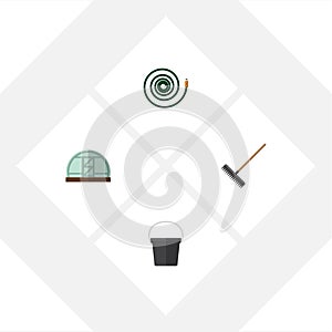 Flat Icon Dacha Set Of Hothouse, Hosepipe, Pail And Other Vector Objects. Also Includes Greenhouse, Harrow, Farm