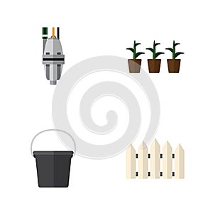 Flat Icon Dacha Set Of Pump, Wooden Barrier, Flowerpot And Other Vector Objects. Also Includes Tool, Container