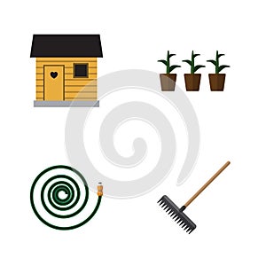 Flat Icon Dacha Set Of Stabling, Harrow, Flowerpot And Other Vector Objects. Also Includes Hose, Hosepipe, Flowerpot