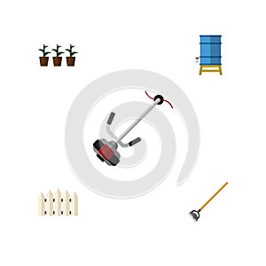 Flat Icon Dacha Set Of Tool, Grass-Cutter, Wooden Barrier And Other Vector Objects. Also Includes Flowerpot, Mower