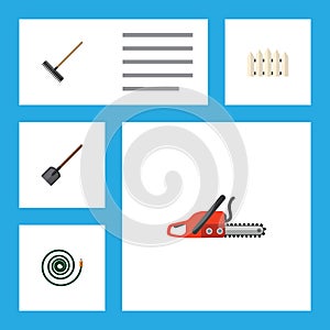 Flat Icon Dacha Set Of Wooden Barrier, Hosepipe, Hacksaw And Other Vector Objects. Also Includes Wooden, Hosepipe, Tool