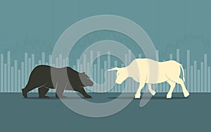 Flat icon design of Abstract financial chart with bulls and bear in stock market background