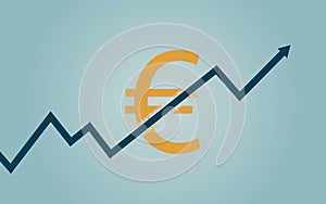 Flat icon design of uptrend line arrow breaking through euro currency sign on blue color background