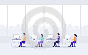 Flat icon design of working people in office with city skyline from windows background