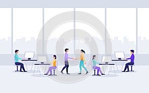 Flat icon design of working people in office with city skyline from windows background