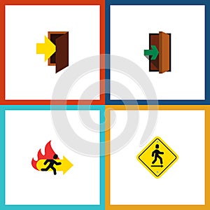 Flat Icon Emergency Set Of Entry, Fire Exit, Direction Pointer And Other Vector Objects. Also Includes Pointer, Door