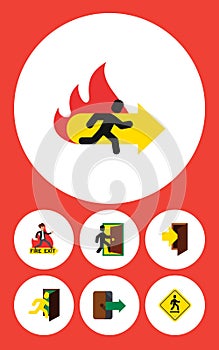 Flat Icon Emergency Set Of Fire Exit, Direction Pointer, Directional And Other Vector Objects. Also Includes Exit, Board