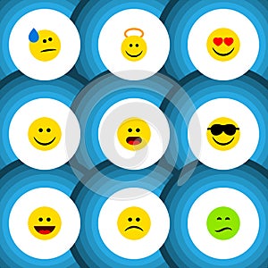 Flat Icon Emoji Set Of Frown, Happy, Love And Other Vector Objects. Also Includes Eyes, Wonder, Sad Elements.
