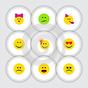 Flat Icon Expression Set Of Frown, Smile, Party Time Emoticon And Other Vector Objects. Also Includes Face, Emoji, Eyes