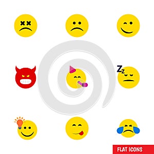 Flat Icon Face Set Of Sad, Have An Good Opinion, Cold Sweat And Other Vector Objects. Also Includes Party, Happy, Idea