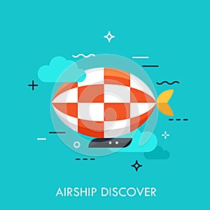 Flat icon with flat design element of horizon discoveries, inspiring dream, exploratory mission, traveling by airship, opening
