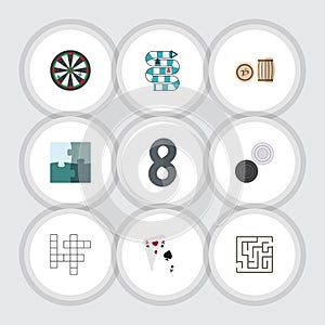 Flat Icon Games Set Of Arrow, Jigsaw, Lottery And Other Vector Objects. Also Includes Labyrinth, Cards, Lost Elements.
