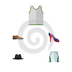 Flat Icon Garment Set Of Trunks Cloth, Male Footware, Singlet And Other Vector Objects. Also Includes Heeled, Cloth