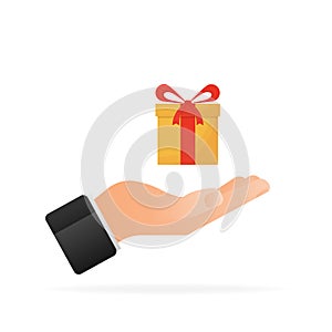 Flat icon with gift in hand. Christmas design. Holiday wedding. Shopping event illustration. Gift box icon