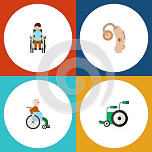 Flat Icon Handicapped Set Of Audiology, Handicapped Man, Disabled Person Vector Objects. Also Includes Wheelchair photo