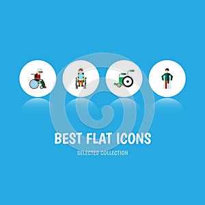 Flat Icon Handicapped Set Of Injured, Disabled Person, Wheelchair And Other Vector Objects. Also Includes Crutch