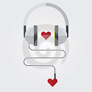 Flat Icon of Headphone with red heart on Love Music Theme, Vector