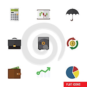 Flat Icon Incoming Set Of Calculate, Portfolio, Strongbox And Other Vector Objects. Also Includes Diagram, Pie, Graph