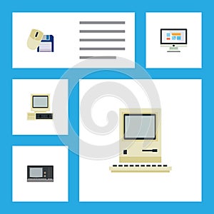Flat Icon Laptop Set Of Computer Mouse, Computing, Vintage Hardware And Other Vector Objects. Also Includes Screen
