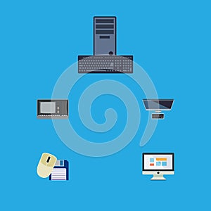 Flat Icon Laptop Set Of Computer Mouse, PC, Display And Other Vector Objects. Also Includes Processor, Vintage, Display