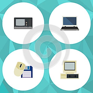 Flat Icon Laptop Set Of Computer, Vintage Hardware, Notebook And Other Vector Objects. Also Includes Computer, Floppy